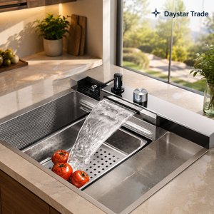 Évier de cuisine rectangulaire Daystar Trade en acier inoxydable brossé, fait main, personnalisé, moderne, à un seul bac, à quatre trous, à encastrer sous plan - Product Image 2