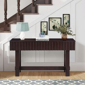 Consolle in Legno Massello Stile Mid-Century da 52 Pollici con Cassetti Contenitori, Tavolo da Ingresso/Soggiorno con Gambe in Legno Massello - Product Image 2