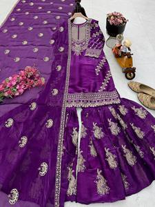 Ensemble Salwar Kameez brodé violet, tenue indienne pakistanaise moderne pour mariage, remise de diplôme, Diwali, pour femmes, matière Jimmy Cho - Product Image 3