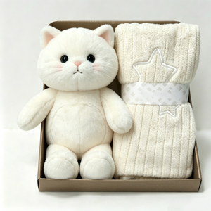 customized <b>boxed</b> newborn kitten stuffed toy <b>hamper</b>,white cat plush and knitted blanket <b>gift</b> set,cream‑tone baby shower plush - Product Image 4