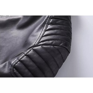 Men's <b>Black</b> PU Leather Moto <b>Jacket</b> Stand Collar Zipper Closure Slim Fit Regular Length Solid Color Autumn Wear - Product Image 2