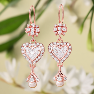 Rose Gold Drop & Hoop Earrings with Heart and Flower Zircon Design for Wedding Party Gift - Product Image 2