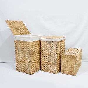 Hot Sales Handwoven Eco-Friendly Water Hyacinth <b>Rectangular</b> Trunk Set 3 Pcs Nesting <b>Storage</b> <b>Baskets</b> Fabric Liner - Product Image 4