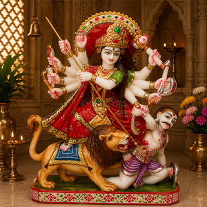 Marble Mahishasura Mardini Durga Maa Statue | Durga Mata on Lion with Demon by MALIYAS Jaipur India - Product Image 1