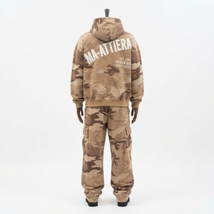 Men Khaki <b>Camouflage</b> Hoodie Tracksuit Set <b>Cargo</b> Jogger Pants Oversized Loose Fit Streetwear Custom OEM ODM Wholesale - Product Image 4