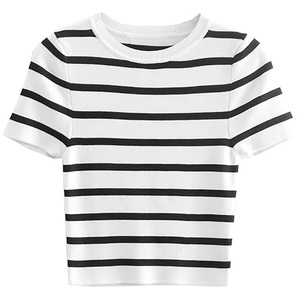 Crew Neck Short Sleeve Fashionable Striped Cropped <b>Top</b> -Shirt For Women Party Wear Sexy Fitness Crop Tank <b>Top</b> Girls T-Shirts - Product Image 1