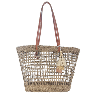 Sac fourre-tout vintage décontracté en jonc de mer tressé à la main avec poignée en cuir, sac de plage en paille naturelle à tissage ouvert - Product Image 1