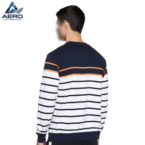 Custom Supplier <b>Mens</b> Navy <b>White</b> Striped <b>Sweatshirt</b> Orange Accent Line Crew Neck Warm Pullover Casual Streetwear Tops - Product Image 2