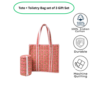 Bolsa de tela con cremallera ecológica con estampado floral de Jaipur + Set de 3 neceseres de algodón acolchado para viajes de verano, regalos y compras - Product Image 3