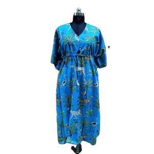 ชุดแมกซี่ผ้าฝ้ายสีฟ้าของอินเดียชุดเดรส Kaftan ชุดเดรส Kaftan แบบหลวมพิมพ์ลายเสือโคร่งนุ่มระบายอากาศได้ดี - Product Image 1
