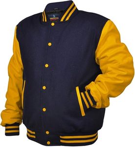 Chaqueta Varsity para Hombre, Color Azul Marino y Amarillo, de Pana, con Botones al Frente, Estilo Preppy, Corte Regular, Cuello Camisero, para Otoño - Product Image 5