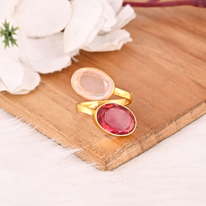 Anillo de Piedras Preciosas Hidroprocesadas de Calcedonia Rosa y Turmalina Rosa, Joyería de Latón Elegante para Mujer - Product Image 3