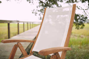 Chaise de salle à manger d'extérieur en teck massif léger de qualité commerciale avec assise en toile, mobilier de patio moderne pour appartement, complexe hôtelier, villa - Product Image 6