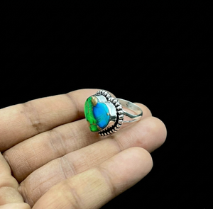Bague en argent turquoise bleu-dahlia paon avec cabochon multicolore, bijou vintage bohème tendance - Product Image 5
