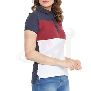 เสื้อโปโลผู้หญิง แขนสั้น คอปก ตัดต่อสี ผ้าถัก 100% คอตตอน ความยาวปกติ สีน้ำเงิน แดง ขาว - Product Image 2