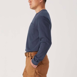 Camiseta de Algodón de Manga Larga Azul Marino para Hombre, Corte Regular, Cuello Redondo, Informal, Color Sólido, Tejido de Punto Liso - Product Image 1