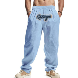 Pantalon en lin décontracté pour homme, printemps/été, broderie alphabet, patchwork, coupe ample, sport, plage - Product Image 1