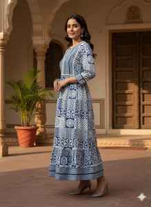 Robe Anarkali midi à imprimé floral bleu et blanc, Kurti indien traditionnel en coton, longue robe ethnique évasée à imprimé numérique pour femme, décontractée - Product Image 4