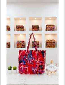 Quilted Red Velvet Reversible Fashion <b>Vintage</b> Bohemian Shoulder <b>Tote</b> <b>Bag</b> Spring Summer Canvas Lining Zipper Closure Lightweight - Product Image 4