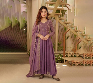 Ready-Made Long Gown Dupatta Set Indian Pakistani Party Outfit Fox Georgette Thread Digital Print Embroidery Work Full Stitching - Product Image 1