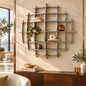 Estante de Pared Metálico Escultural Moderno, Rejilla de Exhibición para Decoración del Hogar y Almacenamiento |   Elegante Organizador Plateado para Interiores de Sala de Estar - Product Image 4