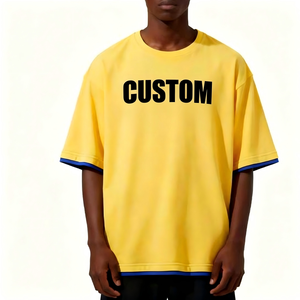 Camiseta de hombre estilo hip hop con bordado amarillo, corte regular, cuello redondo, algodón, doble capa, manga corta - Product Image 2