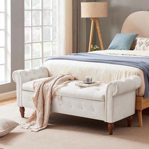 Panca contenitore in velluto beige per fondo letto, divanetto imbottito portaoggetti con gambe in legno massello - Product Image 2