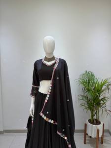 Black Traditional Indian Pakistani Women's Lehenga Set Floor-Length Cotton Wedding Wear Loose Fit All Seasons - Product Image 3
