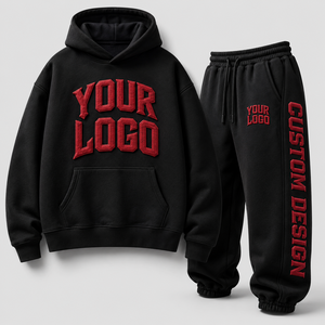 Unisex Custom Logo 3D Embroidered Breathable Heavyweight Winter Hoodie <b>Jogger</b> Set Drawstring Closure <b>Black</b> Red Streetwear - Product Image 4