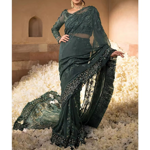 Sari indien Banaras très tendance en polyester doux avec bordure en dentelle brodée, idéal pour les fêtes et mariages, longueur ras du sol, fabriqué au Pakistan - Product Image 4