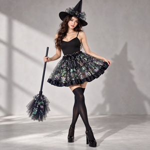 Conjunto de accesorios de disfraz de bruja de Halloween para mujer: sombrero puntiagudo, falda tutú de malla fluida, calcetines largos, escoba, para fiesta de carnaval - Product Image 1