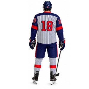 Ensemble d'uniformes de hockey sur glace pour hommes, impression sublimée, évacuation de l'humidité, manches longues, design rayé, numéro 18, bleu, rouge, blanc, taille adulte - Product Image 4