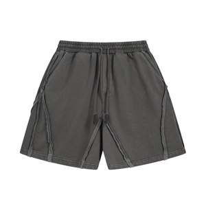 Shorts en coton 100% respirant, anti-plis, coupe ample, style hip-hop, taille double élastique avec cordon de serrage, texture gaufrée effet neige, délavé vintage - Product Image 4