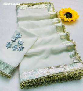 Collection Premium : Dernier modèle de sari en mousseline de soie avec bordure décorative, ensemble de chemisier de créateur, bleu, Needle Exports Bollywood - Product Image 6