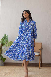 BLUE & <b>WHITE</b> COTTON <b>MAXI</b> WOMEN COTTON DRESS LIGHT WEIGHT COMFORTABLE AND BREATHABLE BEAUTIFUL PRINT THAT ADD A TOUCH OF CHARM - Product Image 2