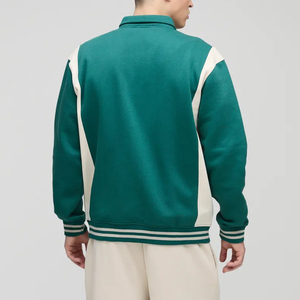 <b>Men's</b> <b>Green</b> Varsity <b>Jacket</b> White Panels Embroidered Logo Stand Collar Single Button <b>Waterproof</b> Casual Winter Wear - Product Image 2