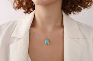 Collar con Colgante Ovalado de Howlite Turquesa, Plata de Ley 925, Chapado en Oro de 14K, Joyería de Piedras Preciosas Naturales, Regalo para Mujer, Fiesta - Product Image 3