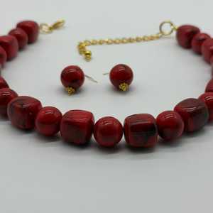 Collar de cuentas de coral rojo con cadena chapada en oro y pendientes a juego, conjunto de regalo de joyería clásica para mujer - Product Image 2