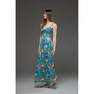 เดรสยาวพิมพ์ลายทรอปิคอลสีน้ำเงินสำหรับผู้หญิง คอวี แขนบาน เอวธรรมชาติ ผ้าฝ้าย 100% เป็นมิตรกับสิ่งแวดล้อม เหมาะสำหรับใส่ไปทะเลช่วงฤดูร้อน ดีไซน์เก๋ไก๋ - Product Image 2