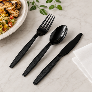 Ensemble de couverts en plastique noir EcoRev, fourchette, cuillère, couteau, ustensiles jetables, matériau PP, recyclable, respectueux de l'environnement, sans danger pour les aliments, pour les fêtes - Product Image 5