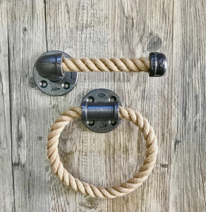 Support mural de salle de bain en corde pour papier toilette et serviettes, avec anneaux en corde et perles en bois naturel, style antique - Product Image 2