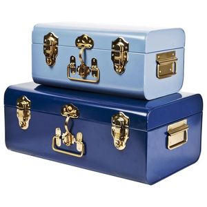Coffret à bijoux classique en métal bicolore avec couvercle à charnière, empilable, bleu et bleu clair, avec fermoirs en laiton pour le rangement - Product Image 1