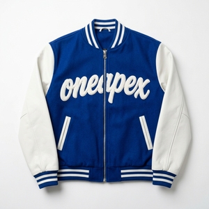 Blouson Bomber Homme Bleu Royal et Blanc en Cuir avec Manches en Coton Mélangé, Col et Poignets en Tricot Côtelé, Logo Brodé, Style Décontracté Streetwear - Product Image 1