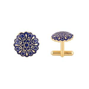 Mancuernillas Redondas de Lujo con Esmalte Azul y Baño de Oro con Diseño Floral para Hombre, Accesorios para Camisa Formal, Regalo de Boda o Negocios, Mancuernillas de Diseñador - Product Image 2