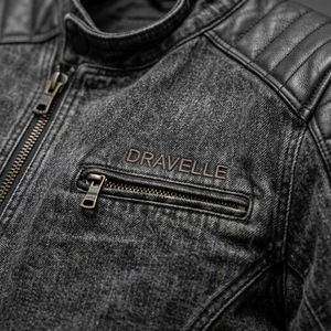 Blouson Moto Vintage en Jean Noir Vieilli pour Homme avec Patchs en Cuir Coupe Slim Vêtement Décontracté pour la Conduite - Product Image 6