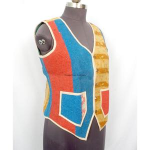 Elegant Handmade Eco-Friendly Breathable Cotton <b>Kantha</b> V-Neck Women's Waistcoat Winter Short <b>Jacket</b> Vest Button Closure - Product Image 3