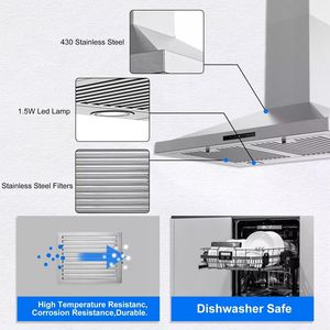 Cappa da cucina convertibile da 30 pollici in acciaio inossidabile, 450 CFM, senza condotto/con condotto, luce LED, deflettore, cappa aspirante da 30 pollici - Product Image 6