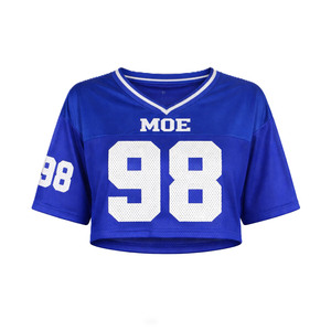 Camiseta de fútbol americano azul real ligera y moderna para mujer, personalizada, de malla corta con número, estilo vintage, proveedor de ropa urbana para equipos. - Product Image 3