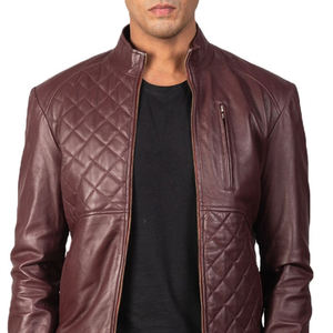 MEN HIGH QUALITY DIAMOND QUILTED MAROON REAL SHEEPSKIN <b>LEATHER</b> BOMBER <b>JACKET</b> WITH RIBBED HEMS AND STAND COLLAR - Product Image 3