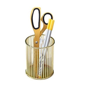 Contemporary Hollow <b>Grid</b> Gold <b>Metal</b> Pen Cup Modern Architectural Desktop Stationery Container - Product Image 1
